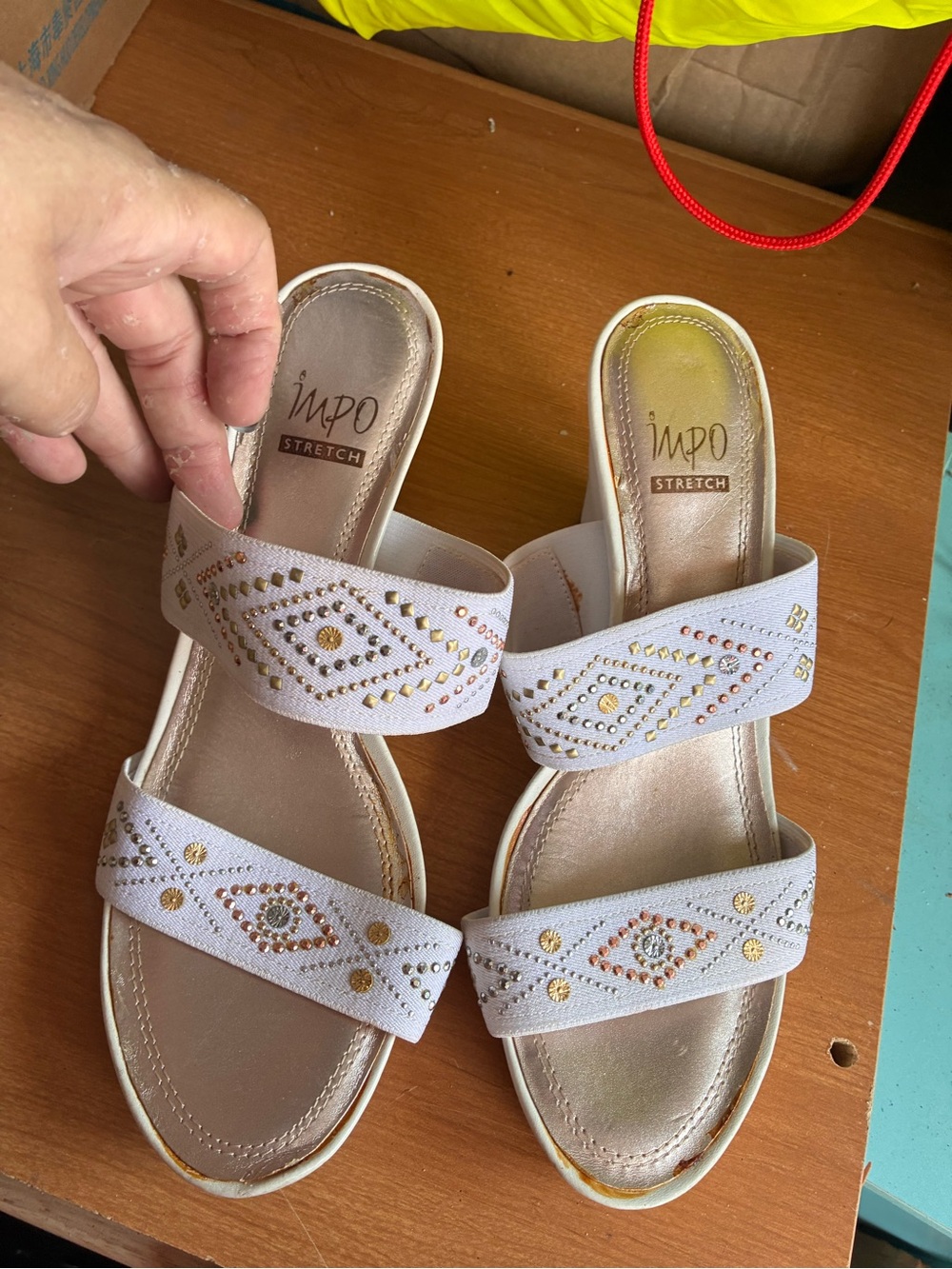Impo Stretch Vivy White Wedge Sandals Studded Embellished Double Strap Size 9M